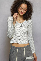 POL Button Down Polka Dot Ribbed Cardigan OutfitFlow